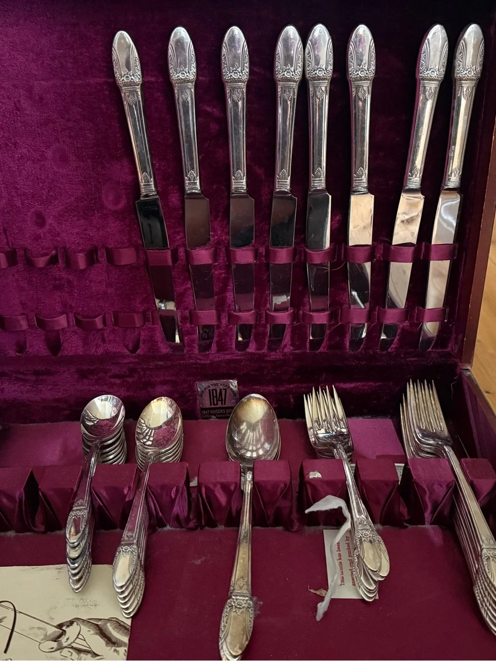 Vintage Ornate Silver-Tone Knife Set and silverware set — Burgundy Velvet Case